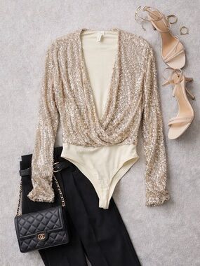H&M Champagne Sequin Draped V-Neck Bodysuit